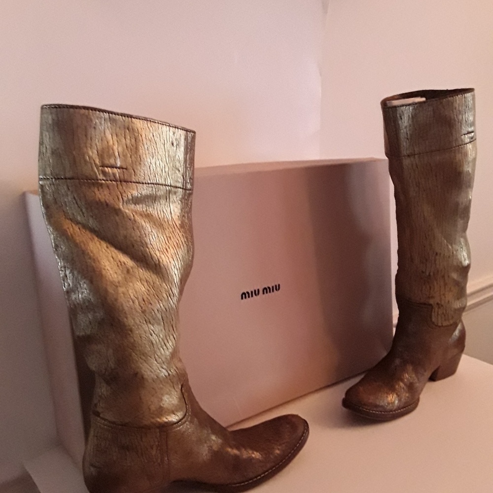 Designer gold metallic calf high boots